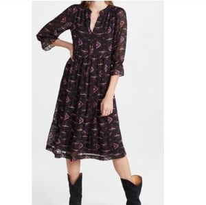 BA&SH Calliope Carbon Geometric Print 3/4 Sleeve Crepe Tiered Midi Dress Size S